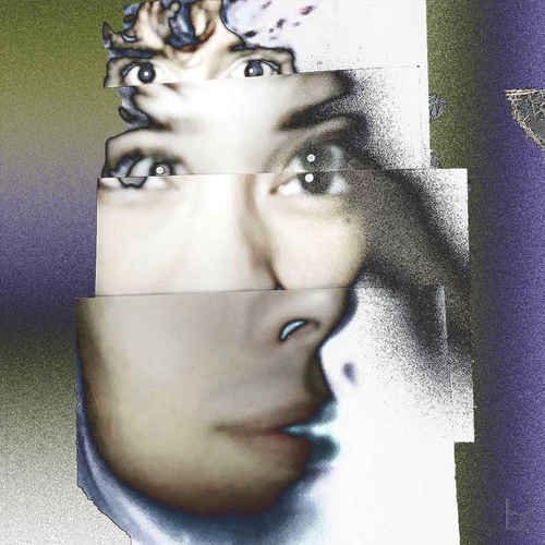Bronze Standard Listening collage: a face sliced into offset horizontal strips, grainy, with a violet cast