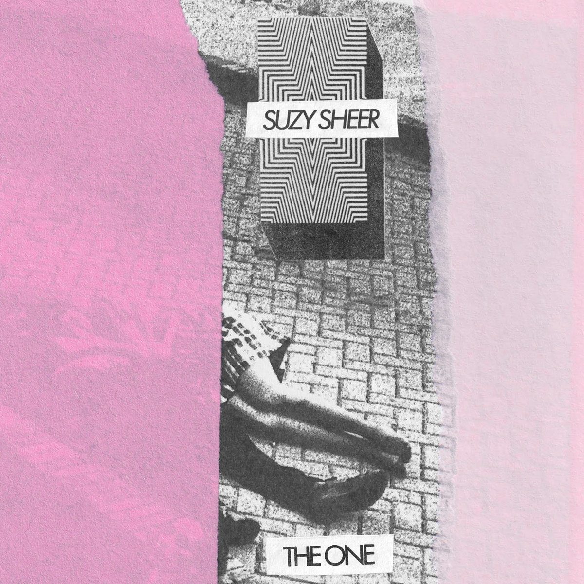 The One cover: torn pink paper around a black-and-white photocopy of a figure lying on brick paving, under a SUZY SHEER label and a zig-zag optical pattern